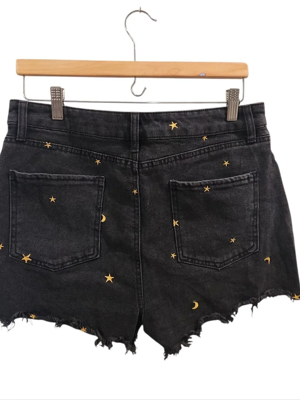 Tinseltown Black Denim Shorts Size 11 Juniors Gold Star Moon Embroidered Distres